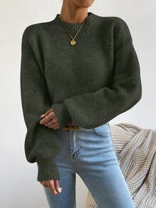 SHEIN Suéter de cuello alto con hombros caídos, tops de manga larga de punto, suéter de punto para otoño e invierno - Verde Oscuro - Ver 6