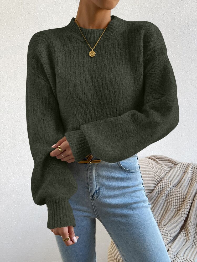 SHEIN Women Sweaters Rib-Knit Plain Casual - Dark Green - View 6