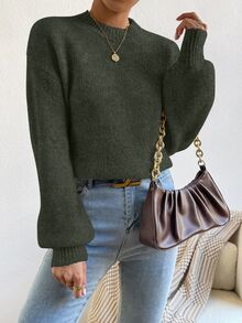 SHEIN Suéter de cuello alto con hombros caídos, tops de manga larga de punto, suéter de punto para otoño e invierno - Verde Oscuro - Ver 4