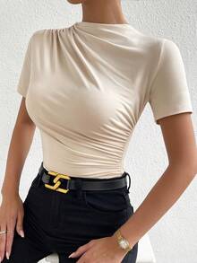 RosyDaze Body de camiseta ajustado unicolor fruncido - Beis - Ver 4