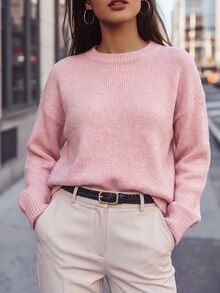 SHEIN Women's Casual Solid Color Drop Shoulder Sweater, Autumn/Winter Knit Pullover Fall - Pink - View 3