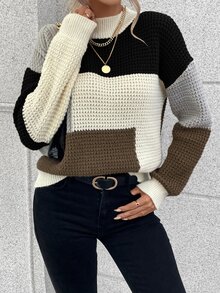 EMERY ROSE Suéter informal de cuello alto con bloqueo de color y hombros caídos, otoño/invierno - Multicolor - Ver 5