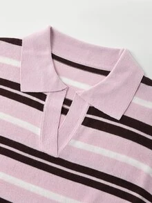 SHEIN Women's Spring/Summer Colorblock Simple Daily Polo Collar Short Sleeve Casual Slim Fit Knit Top, Vacation, Elegant Women's Casual Versatile Turn-Down Collar Short Sleeve Knit Top, Outing - Multicolor - View 8