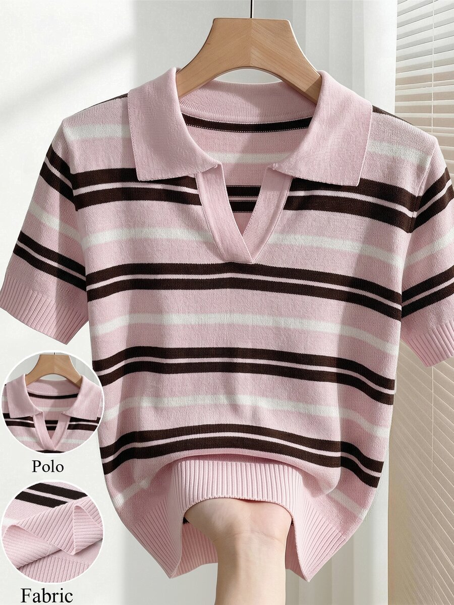 SHEIN Women's Spring/Summer Colorblock Simple Daily Polo Collar Short Sleeve Casual Slim Fit Knit Top, Vacation, Elegant Women's Casual Versatile Turn-Down Collar Short Sleeve Knit Top, Outing - Multicolor - View 1