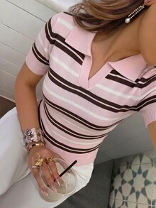SHEIN Women's Spring/Summer Colorblock Simple Daily Polo Collar Short Sleeve Casual Slim Fit Knit Top, Vacation, Elegant Women's Casual Versatile Turn-Down Collar Short Sleeve Knit Top, Outing - Multicolor - View 3