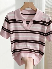 SHEIN Women's Spring/Summer Colorblock Simple Daily Polo Collar Short Sleeve Casual Slim Fit Knit Top, Vacation, Elegant Women's Casual Versatile Turn-Down Collar Short Sleeve Knit Top, Outing - Multicolor - View 5