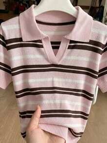 SHEIN Women's Spring/Summer Colorblock Simple Daily Polo Collar Short Sleeve Casual Slim Fit Knit Top, Vacation, Elegant Women's Casual Versatile Turn-Down Collar Short Sleeve Knit Top, Outing - Multicolor - View 4