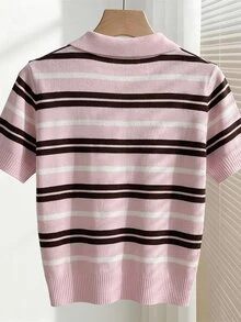 SHEIN Women's Spring/Summer Colorblock Simple Daily Polo Collar Short Sleeve Casual Slim Fit Knit Top, Vacation, Elegant Women's Casual Versatile Turn-Down Collar Short Sleeve Knit Top, Outing - Multicolor - View 2