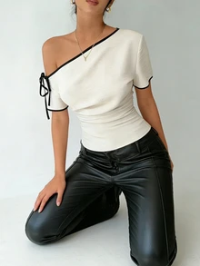 Ritzy Row Elegant Black And White Women's Summer Blouses,Off-The-Shoulder One Shoulder Top,Asymmetrical Textured Fabric Short Sleeve Tops For Brunch Party - Khaki - View 10