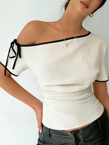 Ritzy Row Elegant Black And White Women's Summer Blouses,Off-The-Shoulder One Shoulder Top,Asymmetrical Textured Fabric Short Sleeve Tops For Brunch Party - Khaki - View 9