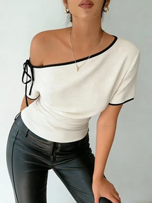 Ritzy Row Elegant Black And White Women's Summer Blouses,Off-The-Shoulder One Shoulder Top,Asymmetrical Textured Fabric Short Sleeve Tops For Brunch Party - Khaki - View 11