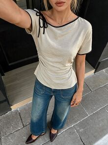 Ritzy Row Elegant Black And White Women's Summer Blouses,Off-The-Shoulder One Shoulder Top,Asymmetrical Textured Fabric Short Sleeve Tops For Brunch Party - Khaki - View 3