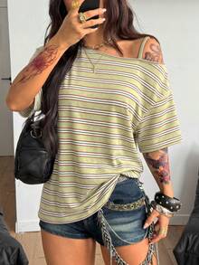 Coolane 女款秋季復古休閒街頭風橄欖綠條紋露肩寬鬆大尺寸短袖T恤 - 綠色 - 查看 7