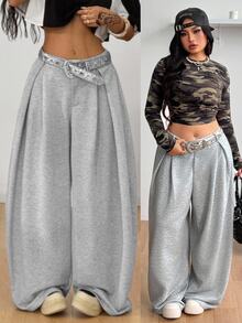 Coolane Women's Men's Plus Size Fall Winter Streetwear Casual Gym Baggy Mid Rise Wide Leg Grey Warm Sweatpants - Light Grey - View 2