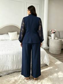 Modelyn Navy Blue Plus Size Elegant Commuter Fashionable Lady Suit Set With Lace Long Sleeve Fitted Blazer And Straight Leg Pants - Navy Blue - View 2