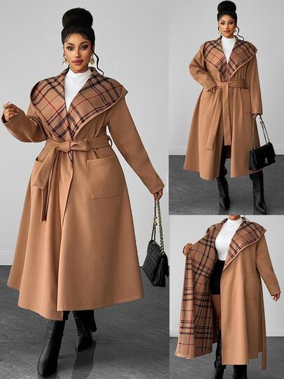 Maweii Women Plus Size Elegant Brown Printed Fabric Large Collar Design Exaggerated Hooded Design Waist Tie Belt A-Line Pocket Design Plus Size Elegant Overcoat Plus Size Elegant Outfit Plus Size New Wool Party Gathering Romantic Date Versatile Long Sleeve Hooded Overcoat