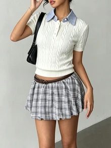Autumina 女款白色麻花編織襯衫領 2 合 1 休閒時尚都市通勤寬鬆短袖針織上衣 - 白色 - 查看 5