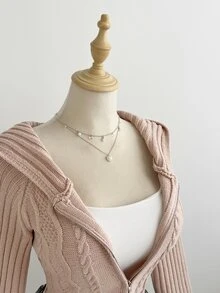 Elamini Simple Women's Autumn/Winter Pink Hooded Long Sleeve Cable Knit Fitted Cardigan Sweater - Pink - View 7