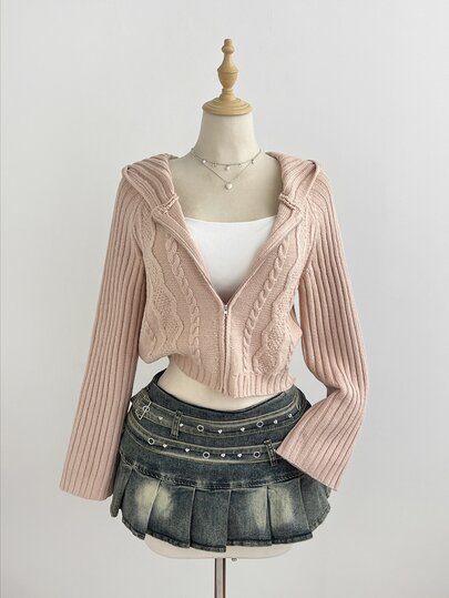 Elamini Suéter de punto de cable ajustado con capucha y manga larga rosa para mujer en otoño/invierno