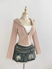Elamini Simple Women's Autumn/Winter Pink Hooded Long Sleeve Cable Knit Fitted Cardigan Sweater - Pink - View 3