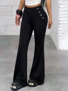 Jeanoix Fall 2026 Napoleon-Style Slim-Fit, Slight-Flare Trousers Featuring Metal Buckle Detailing-A Versatile, Slimming American Streetwear Piece. - Black - View 7