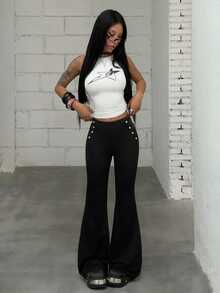 Jeanoix Fall 2026 Napoleon-Style Slim-Fit, Slight-Flare Trousers Featuring Metal Buckle Detailing-A Versatile, Slimming American Streetwear Piece. - Black - View 4