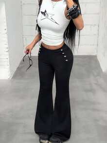 Jeanoix Fall 2026 Napoleon-Style Slim-Fit, Slight-Flare Trousers Featuring Metal Buckle Detailing-A Versatile, Slimming American Streetwear Piece. - Black - View 6
