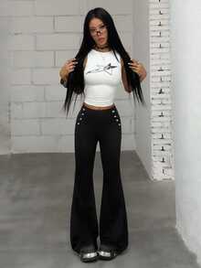 Jeanoix Fall 2026 Napoleon-Style Slim-Fit, Slight-Flare Trousers Featuring Metal Buckle Detailing-A Versatile, Slimming American Streetwear Piece. - Black - View 8