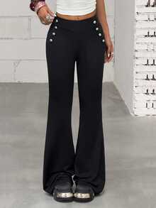 Jeanoix Fall 2026 Napoleon-Style Slim-Fit, Slight-Flare Trousers Featuring Metal Buckle Detailing-A Versatile, Slimming American Streetwear Piece. - Black - View 5