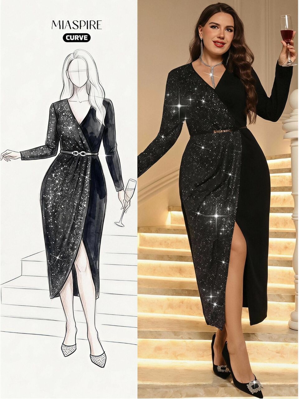 Plus Size Women's V-Neck Split Patchwork Party Dress Winter Clothes Elegant And Glamorous Party Sequined Bodycon Dress With Slit Fall
