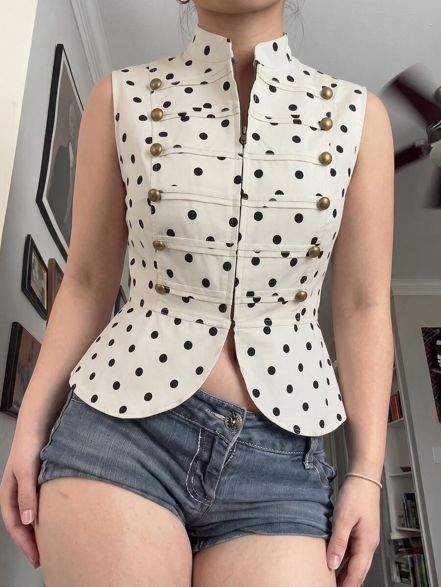 SHEIN EZwear Plus Size Women's Spring/Autumn Sleeveless Polka Dot Napoleon Button Decor Blouse, Suitable For Dating, Vacation, Party, Daily Wear, Gathering, Outdoor Activities - Black - View 1