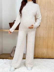 SHEIN Setelan Sweater Lengan Panjang Serbaguna dan Celana Panjang dengan Pinggang yang Dapat Diatur untuk Ibu Hamil - Putih - View 4