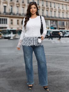 Reflora Plus Size Women Solid Color Long Sleeve Single-Breasted Lace Hem Knit Cardigan Autumn Formal Morning White Elegant - White - View 5
