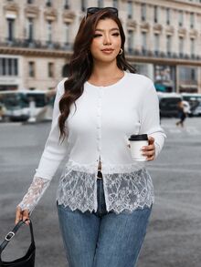 Reflora Plus Size Women Solid Color Long Sleeve Single-Breasted Lace Hem Knit Cardigan Autumn Formal Morning White Elegant - White - View 6