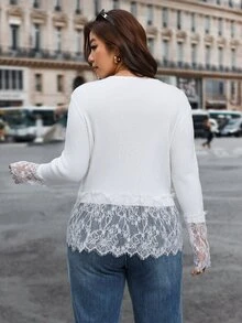Reflora Plus Size Women Solid Color Long Sleeve Single-Breasted Lace Hem Knit Cardigan Autumn Formal Morning White Elegant - White - View 3