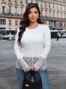 Reflora Plus Size Women Solid Color Long Sleeve Single-Breasted Lace Hem Knit Cardigan Autumn Formal Morning White Elegant - White - View 8