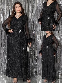 Reflora Plus Size Elegant Party Sequin Dress Fall - Black - View 11