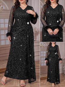 Reflora Plus Size Elegant Party Sequin Dress Fall - Black - View 9