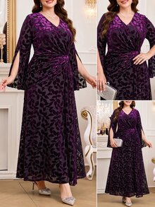 Reflora Plus Size Women's V-Neck Pleated Casual Elegant Formal Party Formal Dinner Evening Dress Wedding Dark Purple Autumn - Purple - View 9