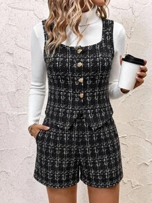 SHEIN Clasi Plaid Print Tank Top And Shorts 2 Pieces Set For Women, Suitable For Autumn/Winter - Multicolor - View 5