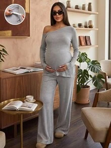 SHEIN 孕婦純色不對稱肩長袖T恤與長褲休閒套裝 秋季 - 灰色 - 查看 1