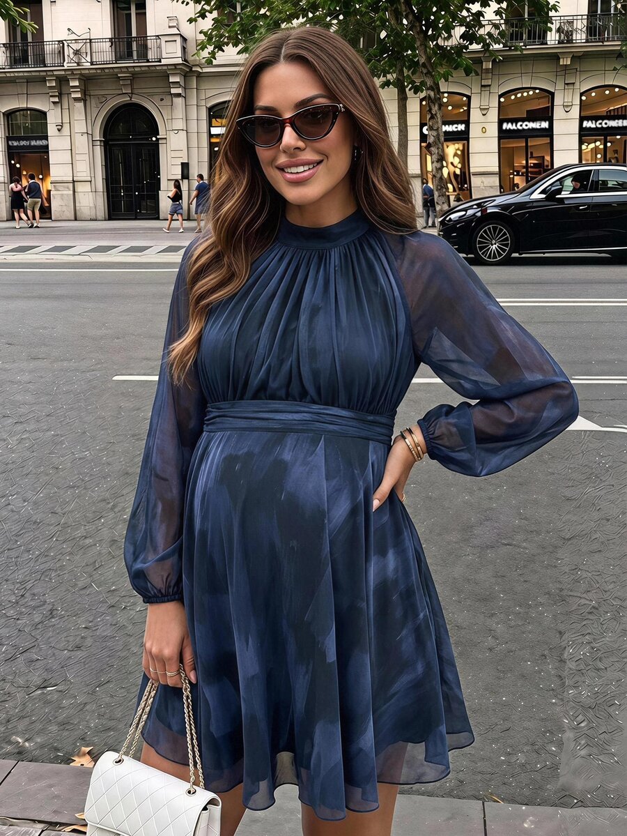 SHEIN Elegant Maternity Mesh Commuter Dress Fall - Blue - View 1