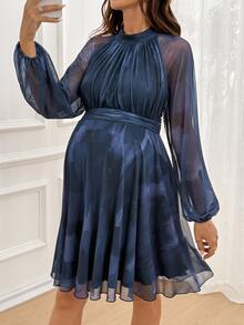 SHEIN Elegant Maternity Mesh Commuter Dress Fall - Blue - View 2