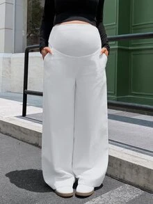 Lyckli Maternity Solid Color Adjustable Waist Casual Wide Leg Long Pants Fall - White - View 5
