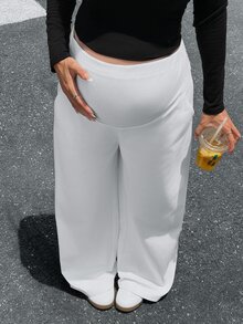Lyckli Maternity Solid Color Adjustable Waist Casual Wide Leg Long Pants Fall - White - View 4