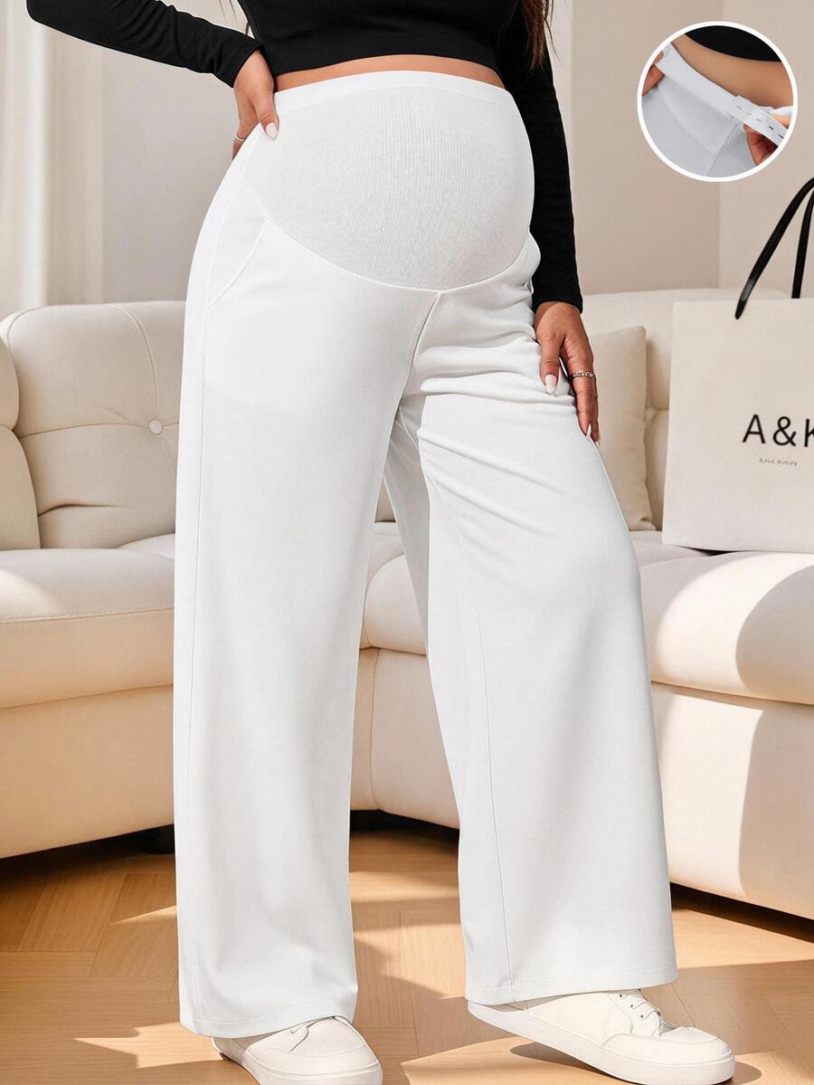 Lyckli Maternity Solid Color Adjustable Waist Casual Wide Leg Long Pants Fall - White - View 1