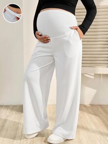 Lyckli Maternity Solid Color Adjustable Waist Casual Wide Leg Long Pants Fall - White - View 3