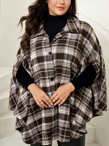 Comfylo 大尺碼格紋休閒優雅披肩大衣 度假派對 全白款 秋冬 - 紅色 - 查看 6
