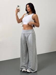 SHEIN Tall CURVE 大尺碼高腰灰色針織抓絨抽繩寬鬆運動休閒居家長褲，適合冬季畢業季返校女性穿著 - 淺灰色 - 查看 9