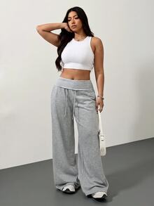 SHEIN Tall CURVE 大尺碼高腰灰色針織抓絨抽繩寬鬆運動休閒居家長褲，適合冬季畢業季返校女性穿著 - 淺灰色 - 查看 6